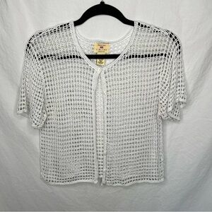 Vintage LIMITED America Hand Knit White SS Cardigan Sweater Sz L Open Knit Linen